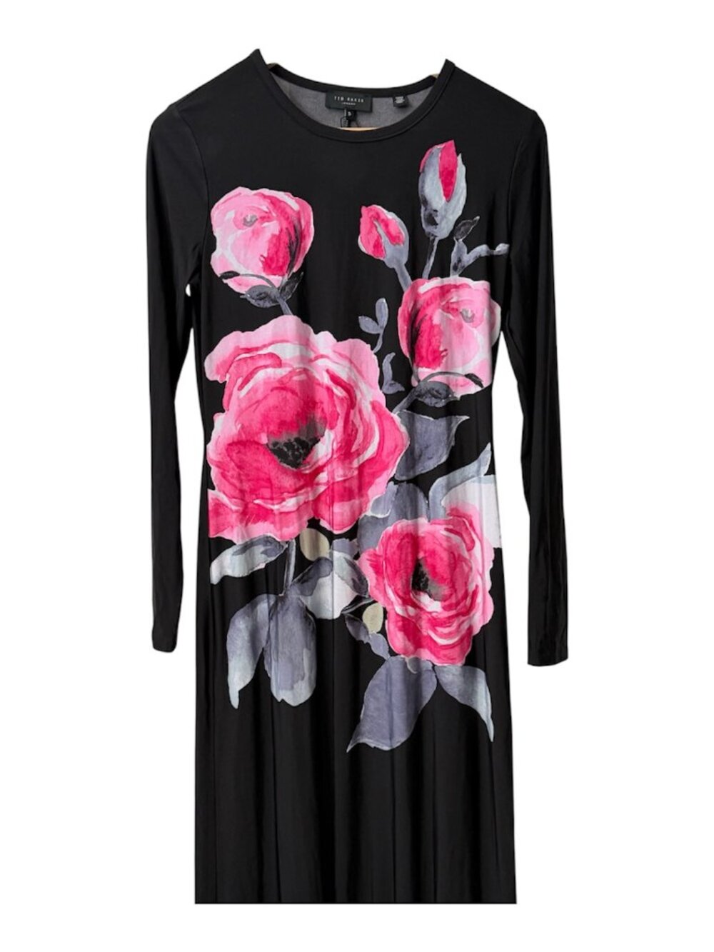 NWOT Ted Baker London Eloise Floral Long Sleeve Maxi Dress Black Pink Rose Small